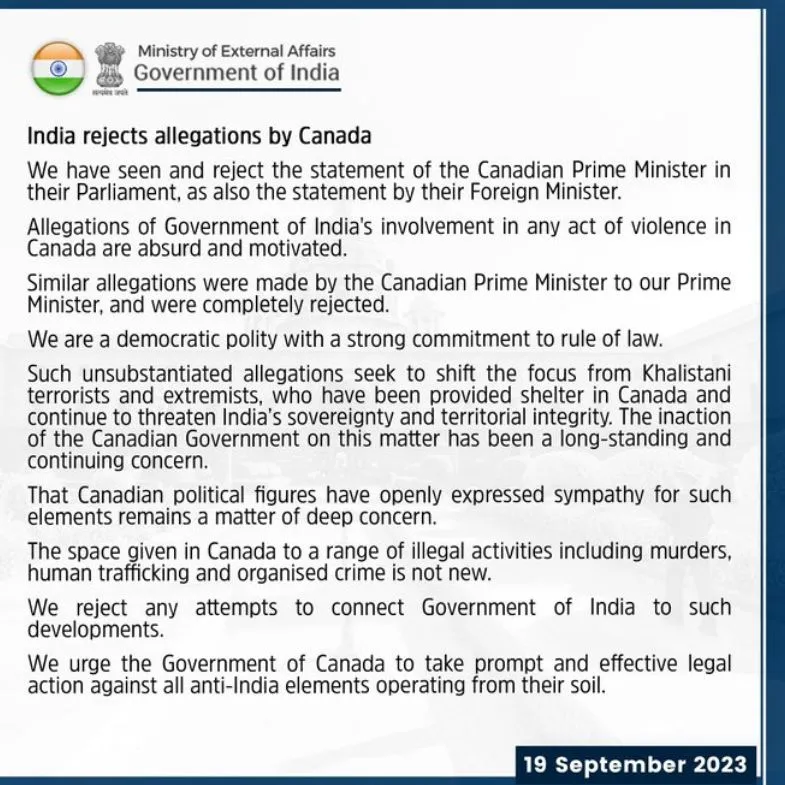 भारत ने कहा कि कनाडा द्वारा लगाए गए आरोप बेतुके